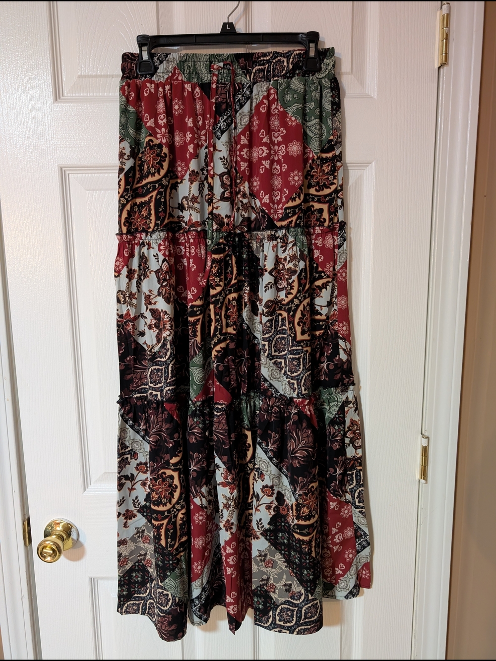 Boho Patchwork Maxi Skirt in Burgundy and Green